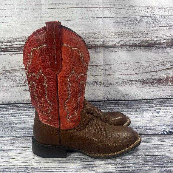 Lucchese Smooth Ostrich Red Brown Leather Square Toe Cowboy Boots M1805 Mens 8.5 - Picture 1 of 12